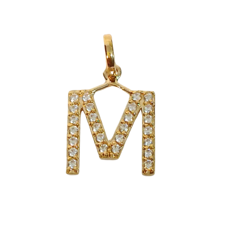 Pingente letra M 10mm em ouro 18k com 26 pedras.