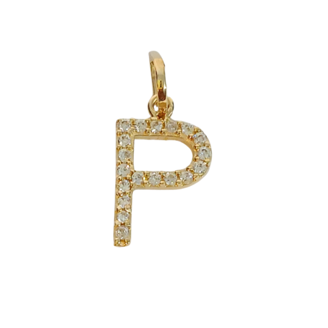 Pingente Letra P 10mm em ouro 18k com 19 pedras.