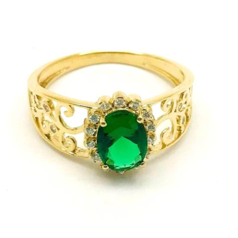 Anel Formatura Rendado com 1 pedra oval 6 x 8 mm e 14 pedras de 0,5 Pts