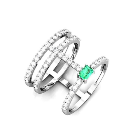 Anel Kenyo com 1 Baguete de 4 x 5 mm e 54 pedras de 1,5 Pts