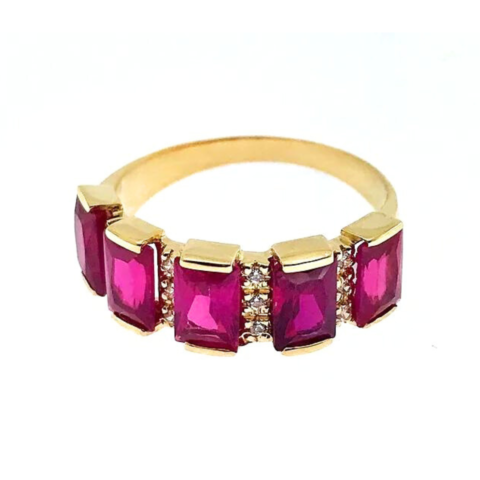 Anel Carreira com 5 Baguets 4 x 6 mm e 12 pedras de 0,5 Pts